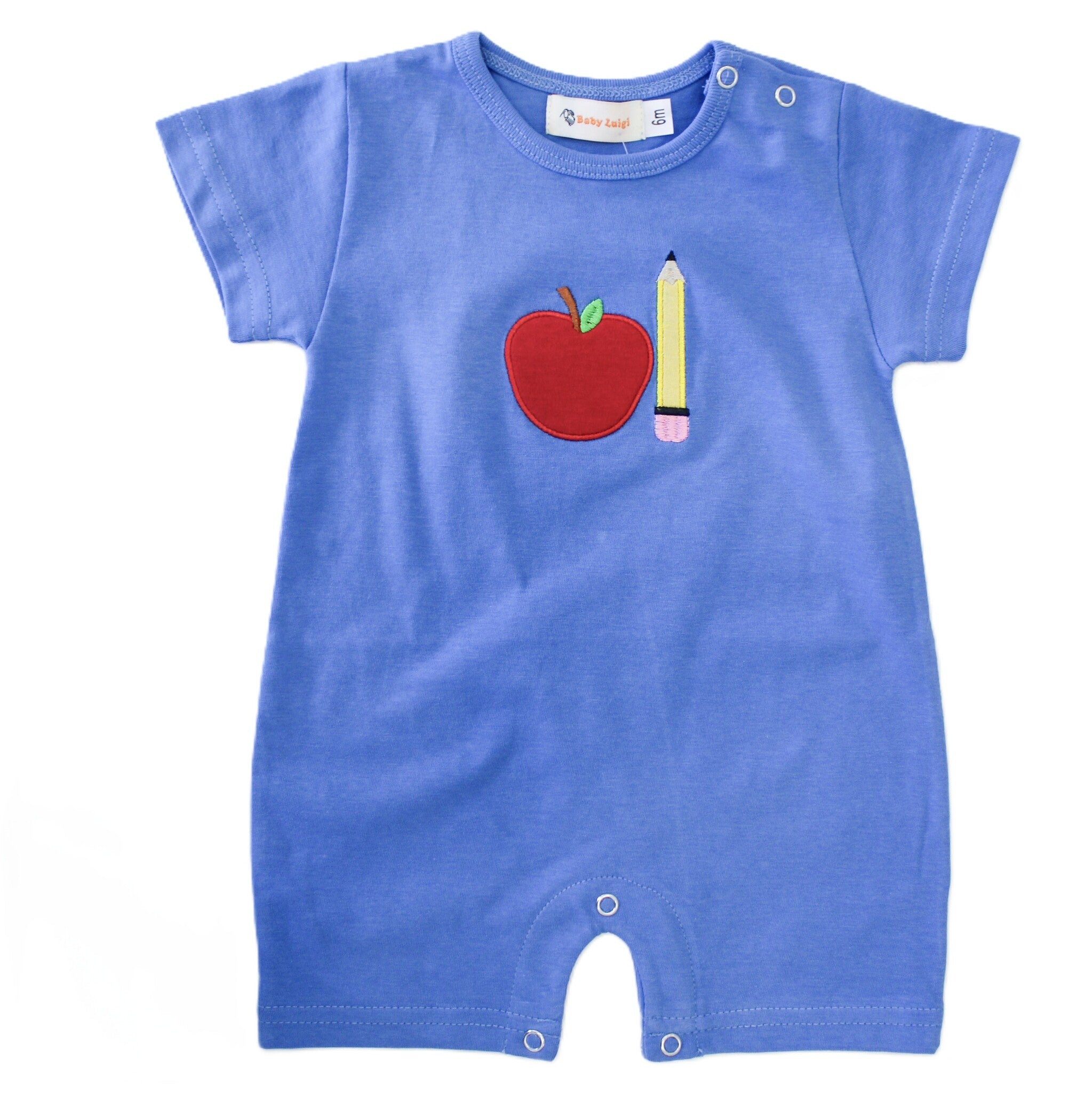 Luigi Kids Blue Apple and Pencil Romper