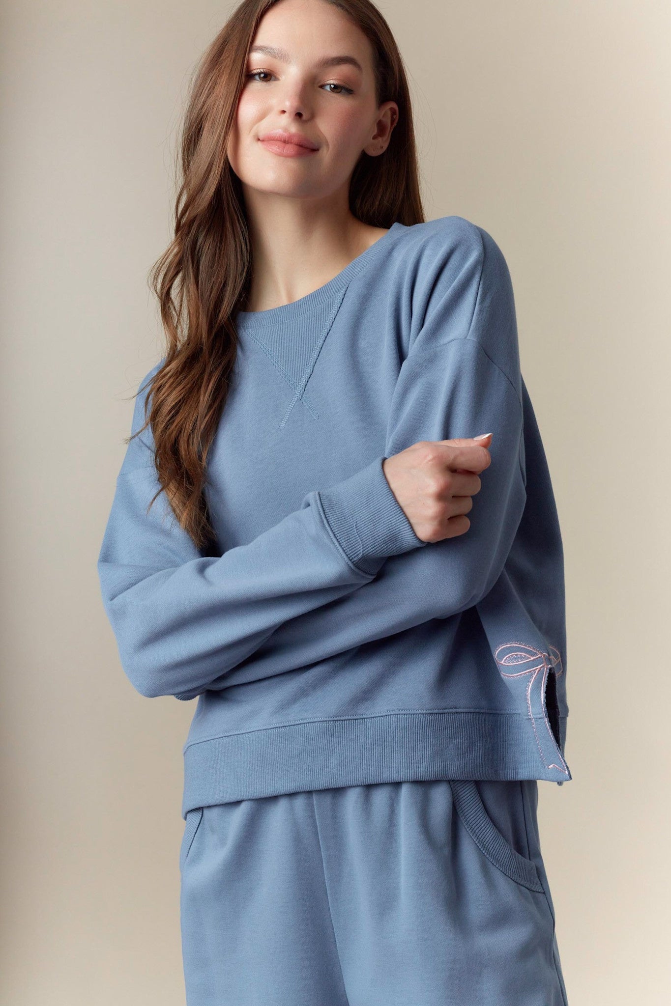 Peach Love Dusty Blue Bow Detail Top