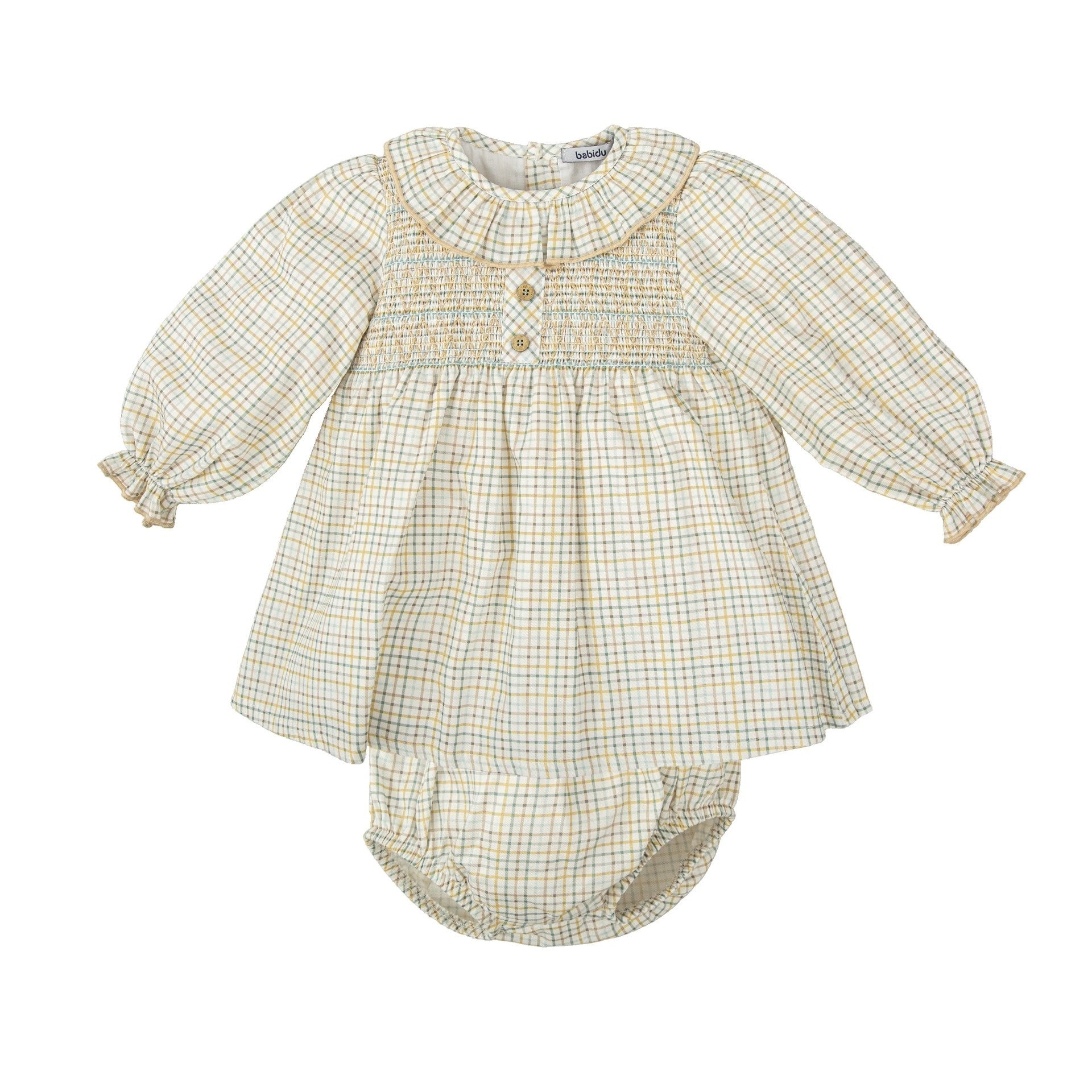 Babidu Yellow Plaid Smocked Dress Set