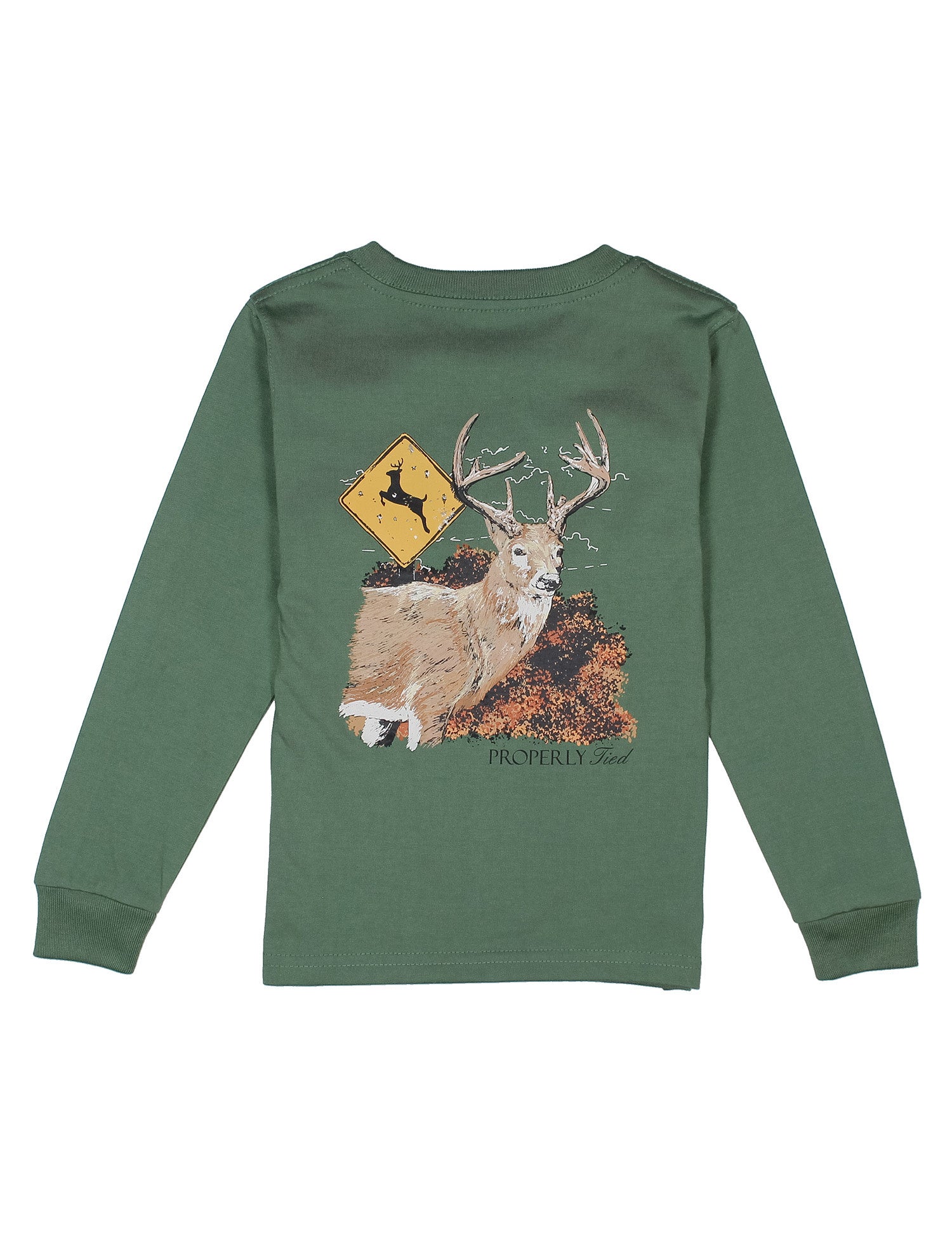 Properly Tied Deer Crossing Fern Green LS Tee
