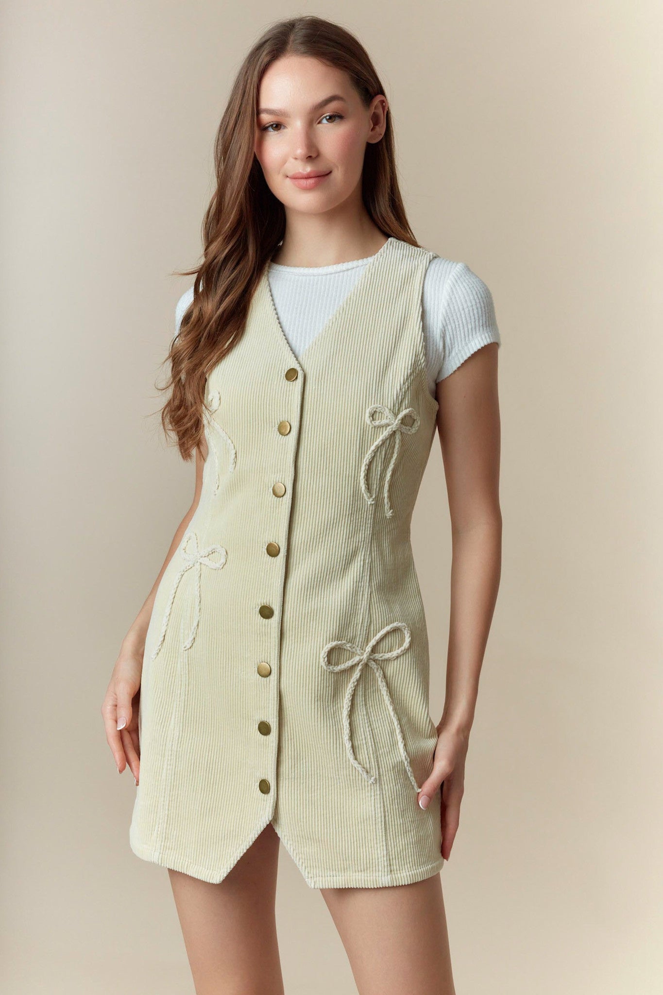 Peach Love Cream Bow Detail Corduroy Vest Dress