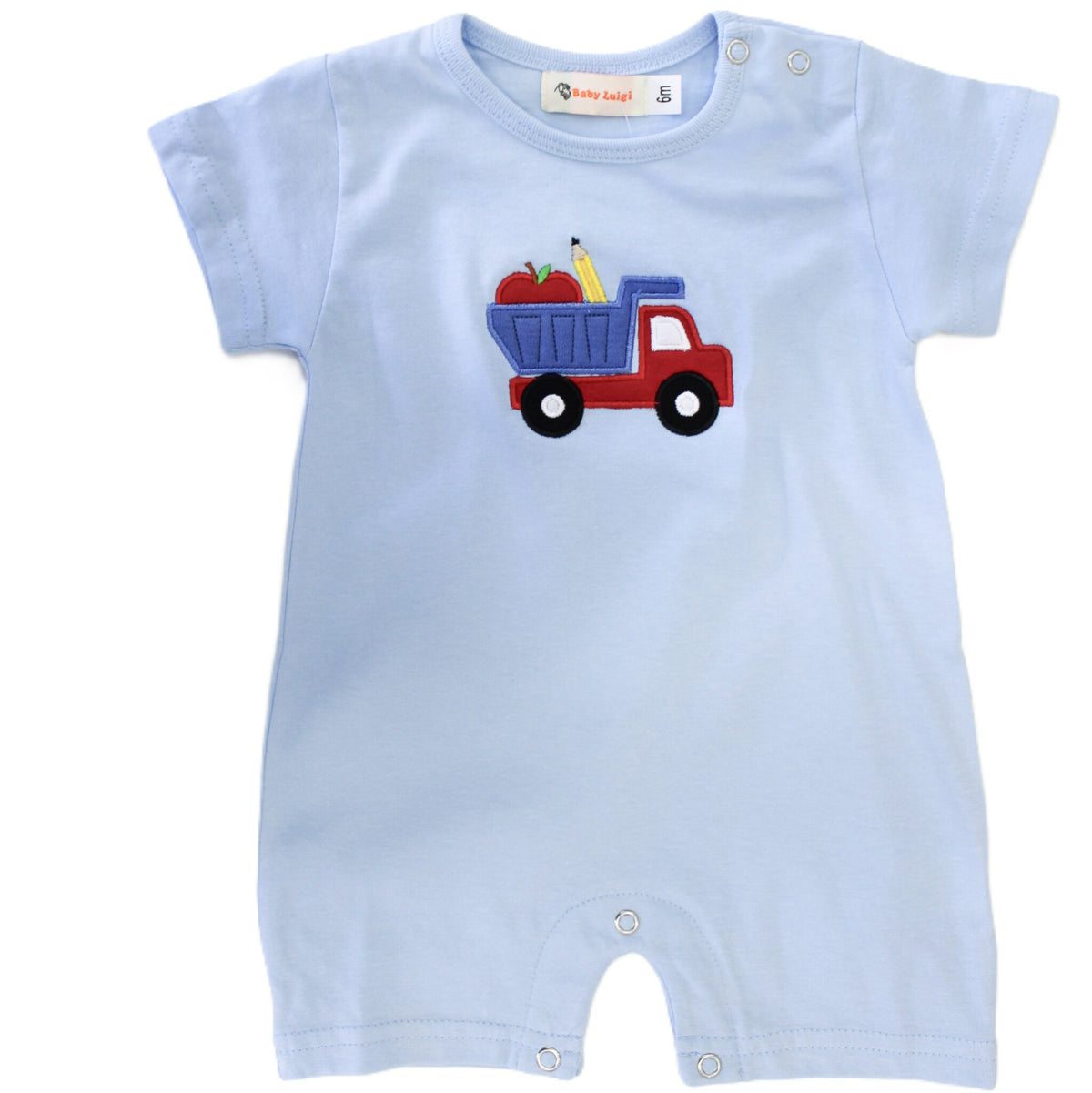 Luigi Kids Blue Apple & Pencil In Dump Truck Romper