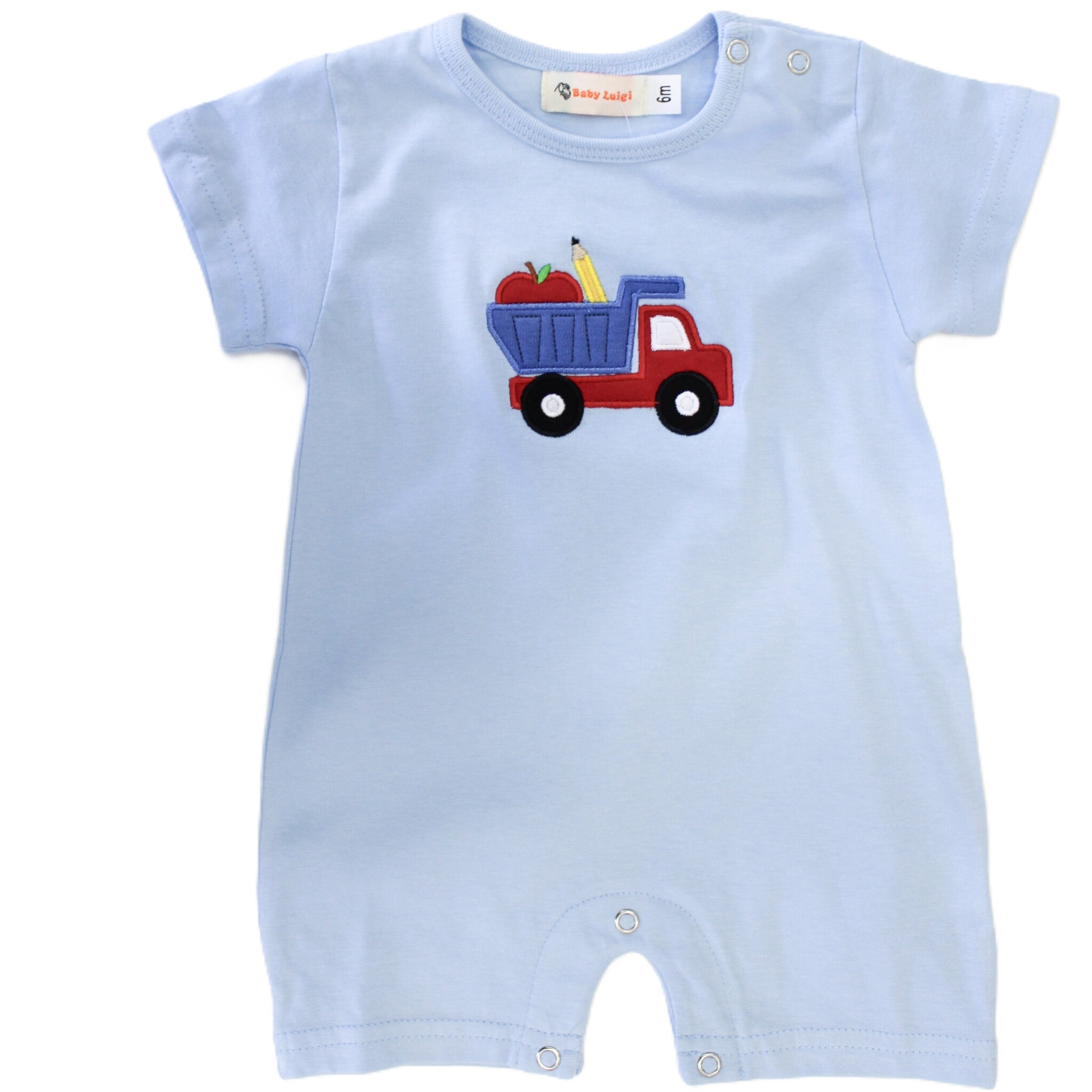 Luigi Kids Blue Apple and Pencil In Dump Truck Romper
